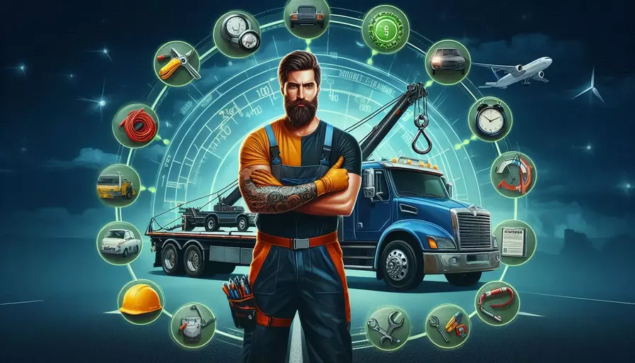 A man in blue attire stands next to a truck, surrounded by icons that represent essential tips for aspiring tow truck drivers.