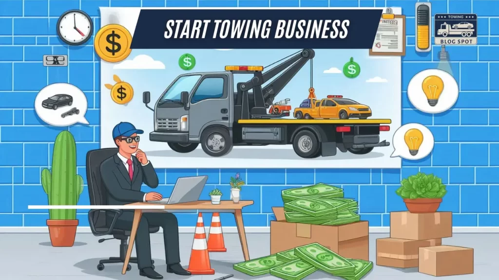 Image depicting the essentials for starting a towing business, including a tow truck and business planning materials.