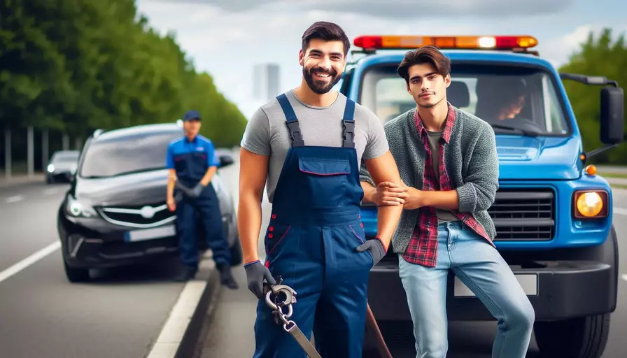 Two men stand beside a car, with a tow truck in the background, highlighting employment opportunities in the towing industry.